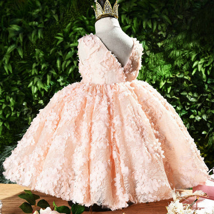 Pink Lace Princess Flower Girl Dress with Ruffle Detail
