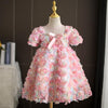 Pink Lace Tulle A-Line Flower Girl Dress Short Puff Sleeve