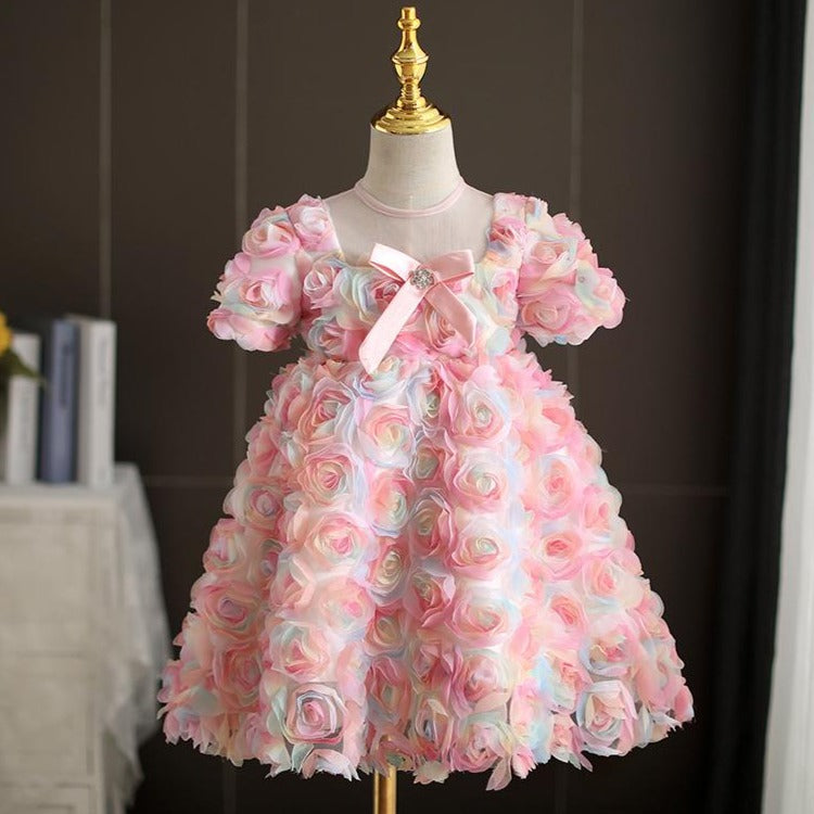 Pink Lace Tulle A-Line Flower Girl Dress Short Puff Sleeve