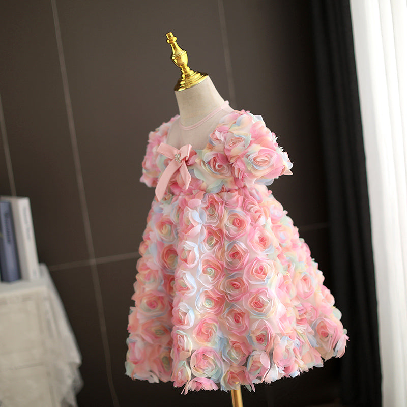 Pink Lace Tulle A-Line Flower Girl Dress Short Puff Sleeve
