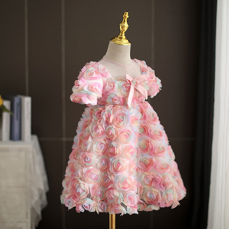 Pink Lace Tulle A-Line Flower Girl Dress Short Puff Sleeve