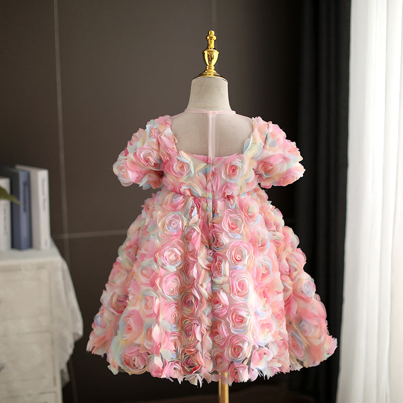 Pink Lace Tulle A-Line Flower Girl Dress Short Puff Sleeve