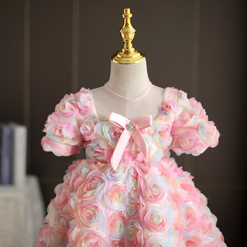 Pink Lace Tulle A-Line Flower Girl Dress Short Puff Sleeve