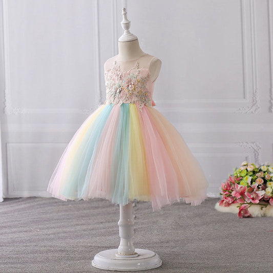 Pink Lace Tulle A-Line Flower Girl Dress Sleeveless Tea