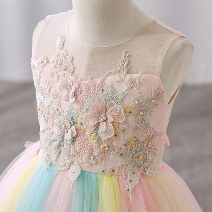 Pink Lace Tulle A-Line Flower Girl Dress Sleeveless Tea