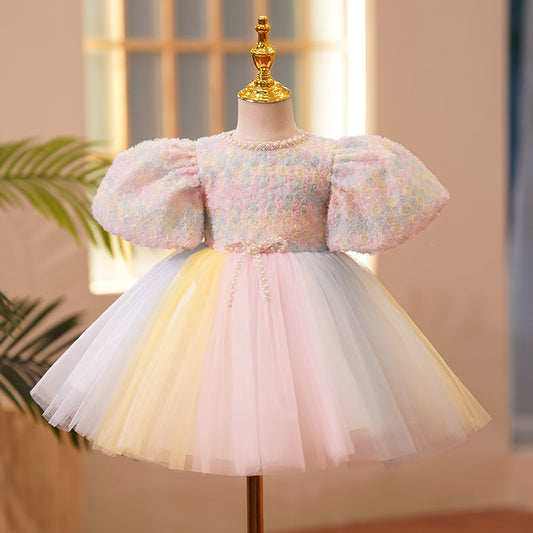 Pink Lace Tulle Flower Girl Dress | Beaded Puff Sleeves
