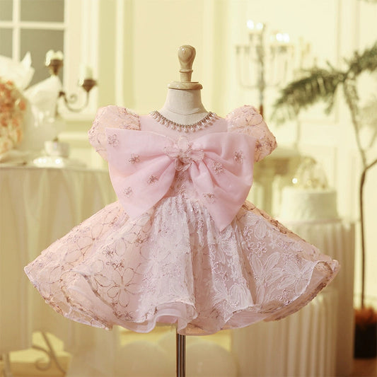 Pink Lace Tulle Flower Girl Dress with Bow & Puff Sleeves