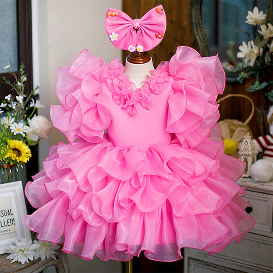 Pink Organza A-Line Flower Girl Dress - Bell Sleeves