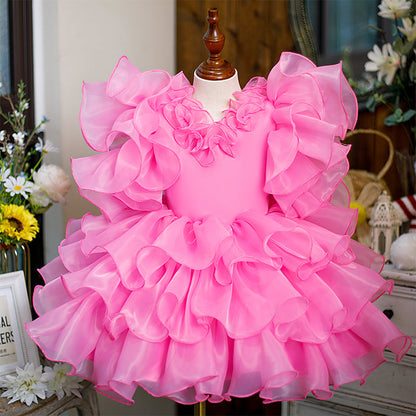 Pink Organza A-Line Flower Girl Dress - Bell Sleeves