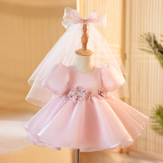 Pink Organza A-Line Flower Girl Dress with Floral Bows