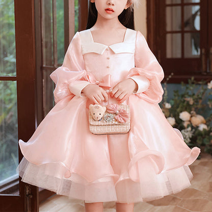 Pink Organza A-Line Flower Girl Dress with Lantern Sleeves