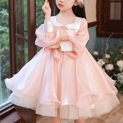 Pink Organza A-Line Flower Girl Dress with Lantern Sleeves