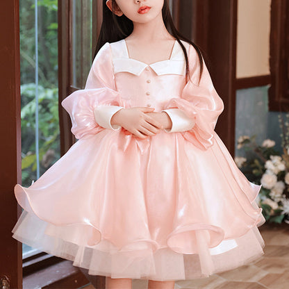 Pink Organza A-Line Flower Girl Dress with Lantern Sleeves