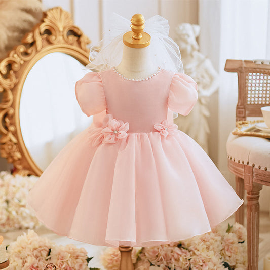Pink Organza Princess Dress for Girls with Fabric Flowers & Bow – Special Occasion, Party, Flower Girl