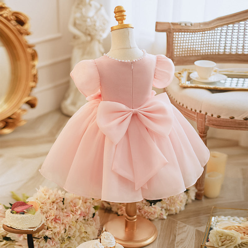Pink Organza Princess Dress for Girls with Fabric Flowers & Bow – Special Occasion, Party, Flower Girl