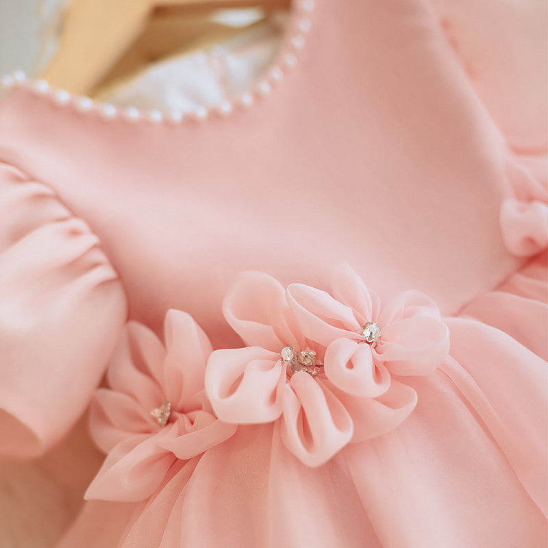 Pink Organza Princess Dress for Girls with Fabric Flowers & Bow – Special Occasion, Party, Flower Girl