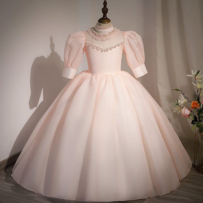 Pink Organza Princess Flower Girl Dress Beaded Mock Neck