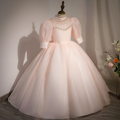 Pink Organza Princess Flower Girl Dress Beaded Mock Neck