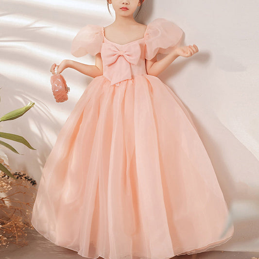 Pink Organza Princess Flower Girl Dress: Puff Sleeves Bow