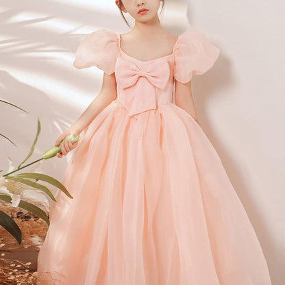 Pink Organza Princess Flower Girl Dress: Puff Sleeves Bow