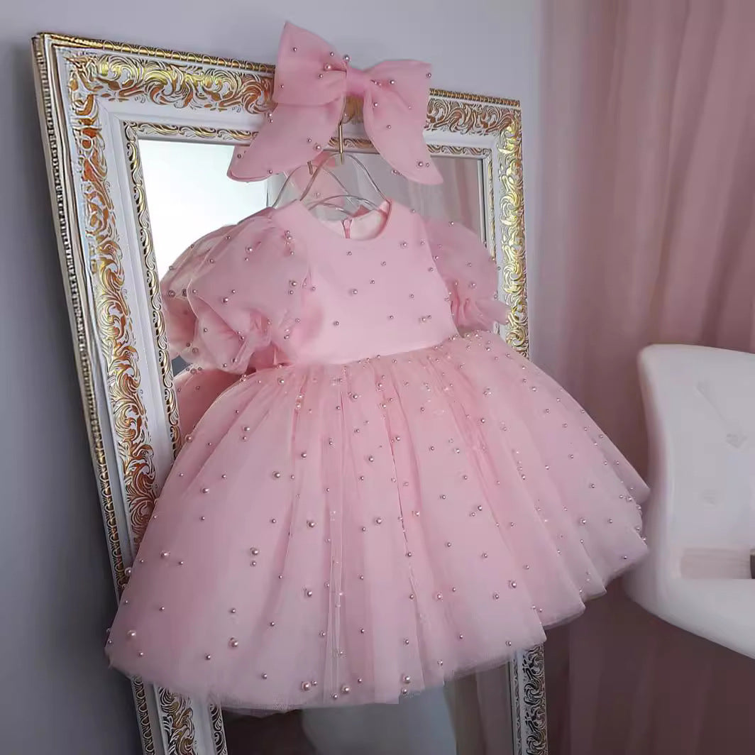 Pink Polka Dot Tulle Ball Gown Dress for Girls with Sequins and Bow – Birthday & Party