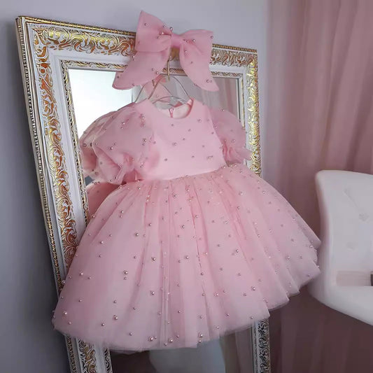 Pink Polka Dot Tulle Ball Gown Dress for Girls with Sequins and Bow – Birthday & Party