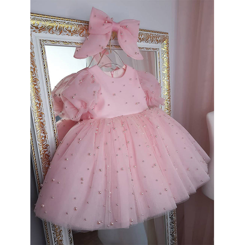 Pink Polka Dot Tulle Ball Gown Dress for Girls with Sequins and Bow – Birthday & Party