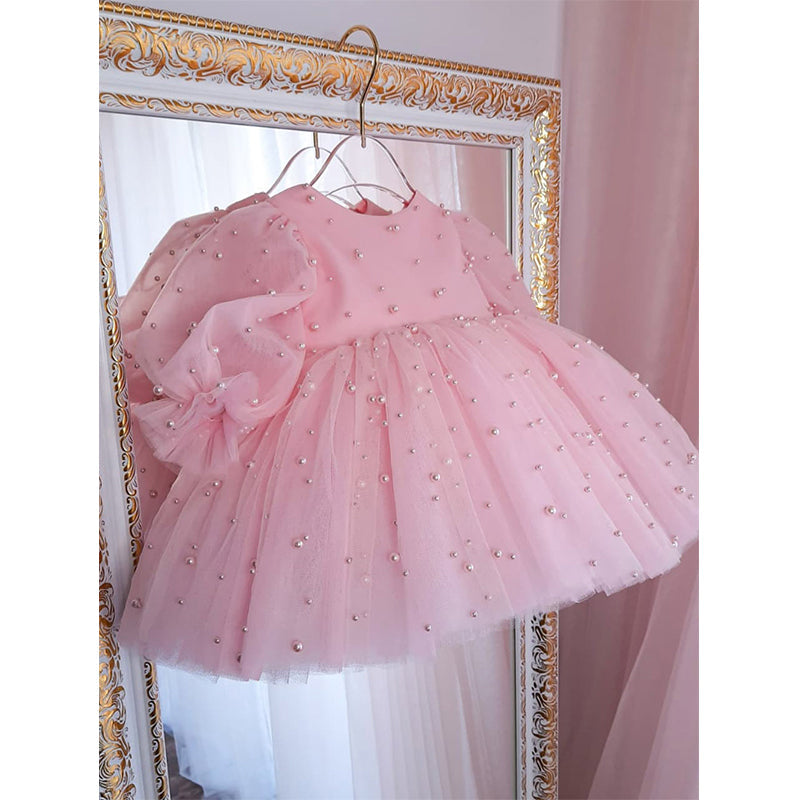 Pink Polka Dot Tulle Ball Gown Dress for Girls with Sequins and Bow – Birthday & Party