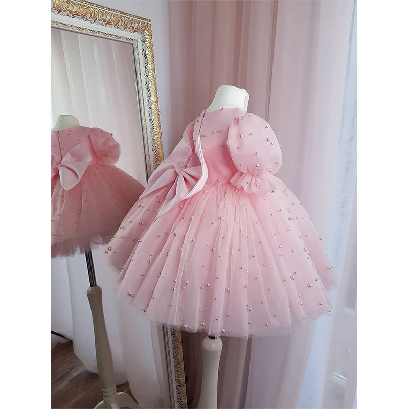 Pink Polka Dot Tulle Ball Gown Dress for Girls with Sequins and Bow – Birthday & Party