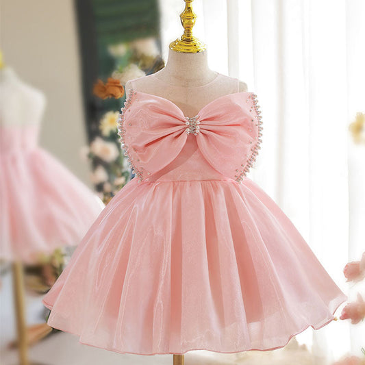 Pink Polyester A-Line Flower Girl Dress Beaded Bow Sleeveless