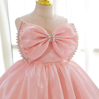 Pink Polyester A-Line Flower Girl Dress Beaded Bow Sleeveless