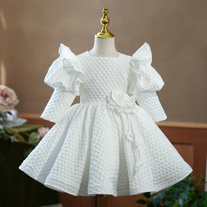 Pink Polyester Princess Flower Girl Dress Square Neck Puff