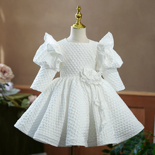 Pink Polyester Princess Flower Girl Dress Square Neck Puff