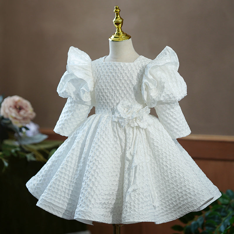 Pink Polyester Princess Flower Girl Dress Square Neck Puff