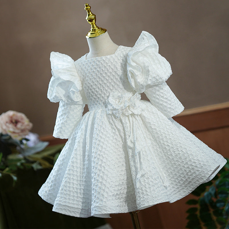 Pink Polyester Princess Flower Girl Dress Square Neck Puff