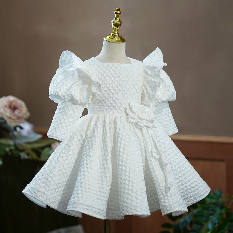 Pink Polyester Princess Flower Girl Dress Square Neck Puff