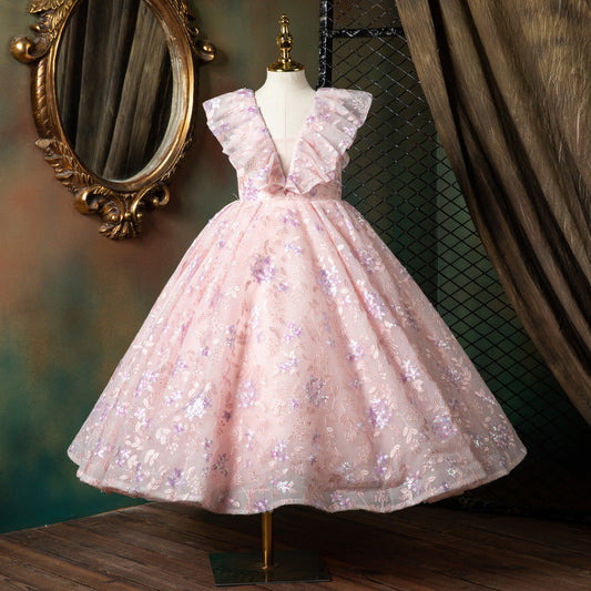 Pink Princess Floor-Length Flower Girl Dress with Sequins