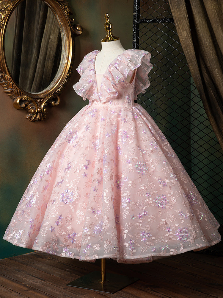 Pink Princess Floor-Length Flower Girl Dress with Sequins