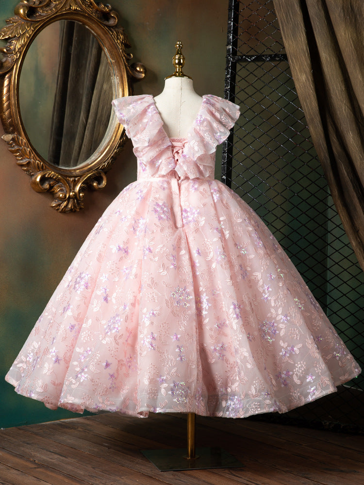 Pink Princess Floor-Length Flower Girl Dress with Sequins