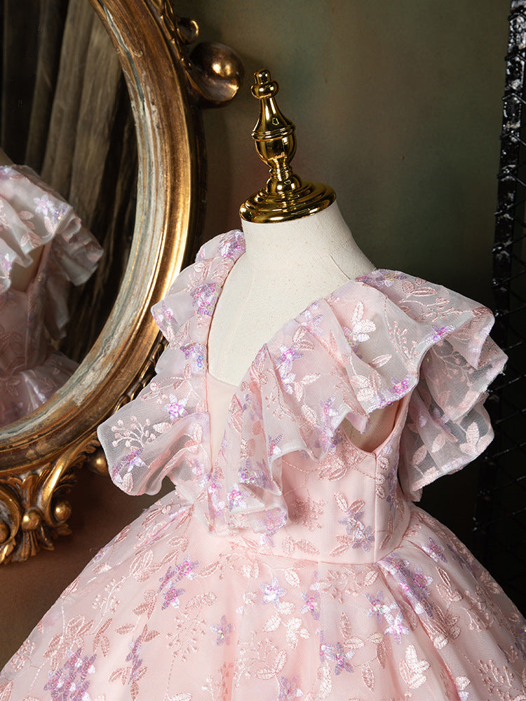 Pink Princess Floor-Length Flower Girl Dress with Sequins