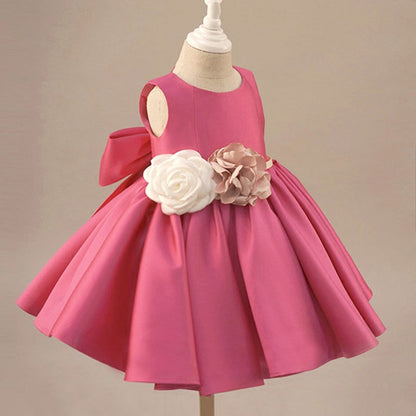 Pink Princess Flower Girl Dress with Flowers and Bow Back