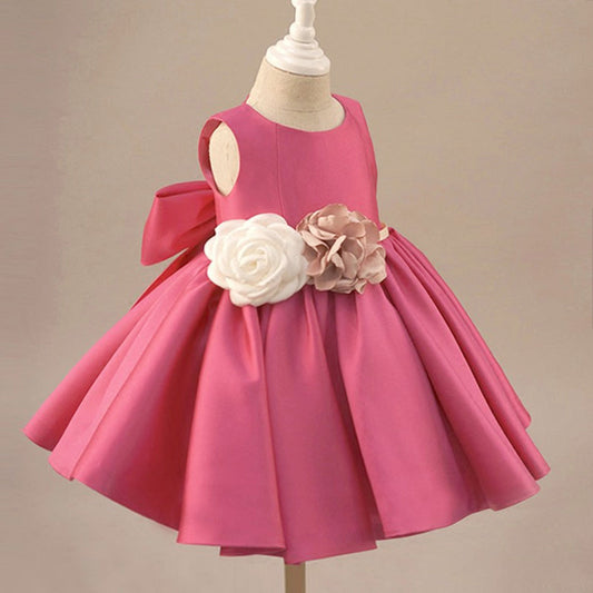 Pink Princess Flower Girl Dress with Flowers and Bow Back