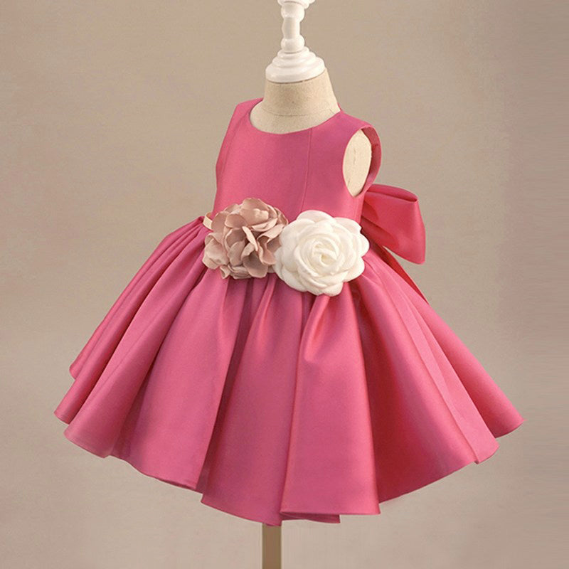 Pink Princess Flower Girl Dress with Flowers and Bow Back