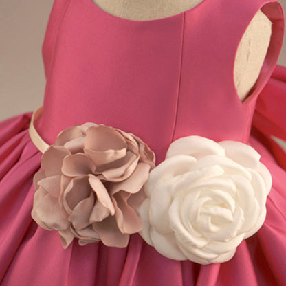 Pink Princess Flower Girl Dress with Flowers and Bow Back