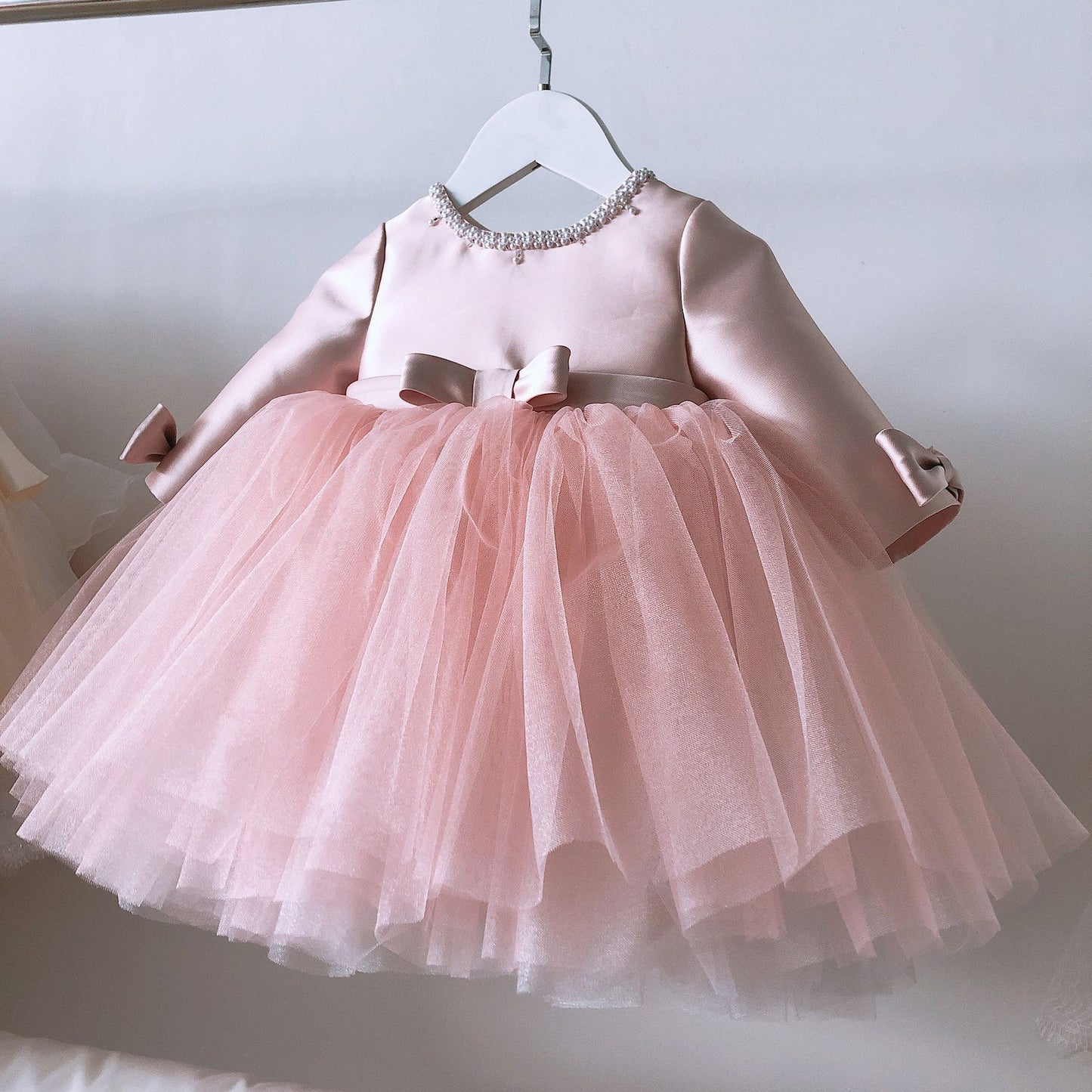 Pink Princess Flower Girl Dress: Beaded Boat Neck Long Sleeve