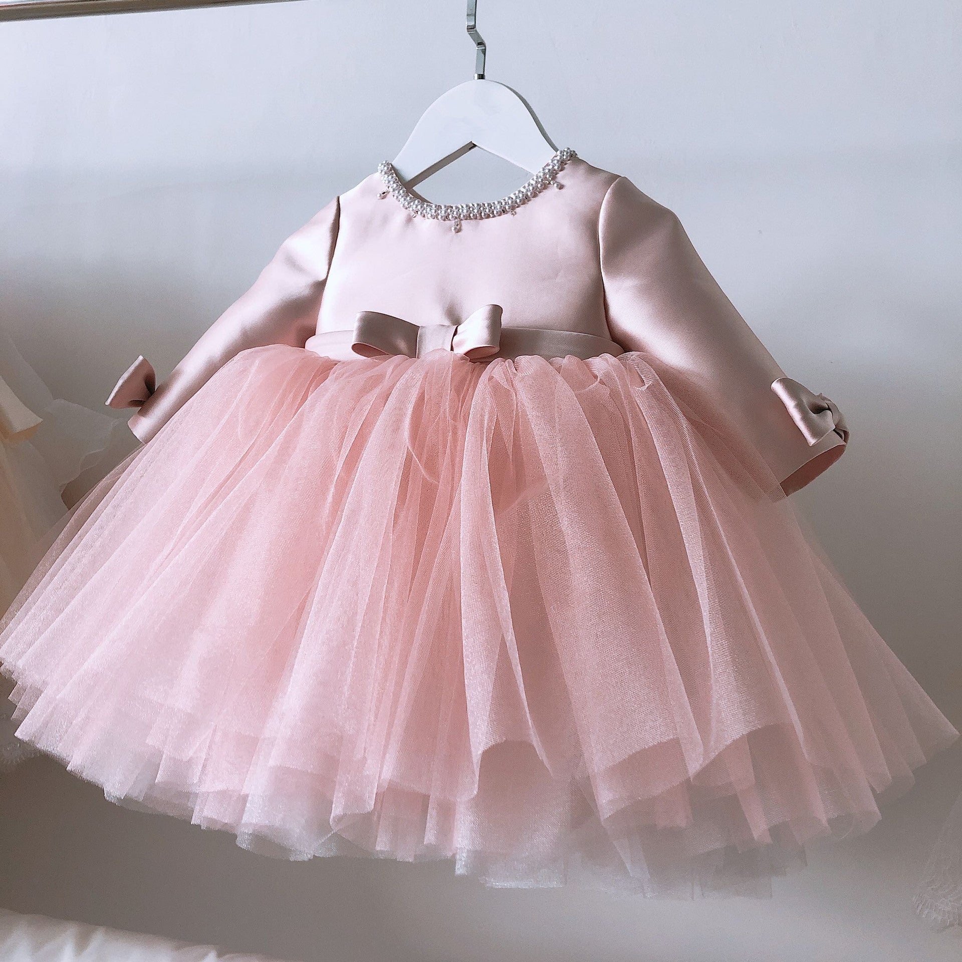 Pink Princess Flower Girl Dress: Beaded Boat Neck Long Sleeve