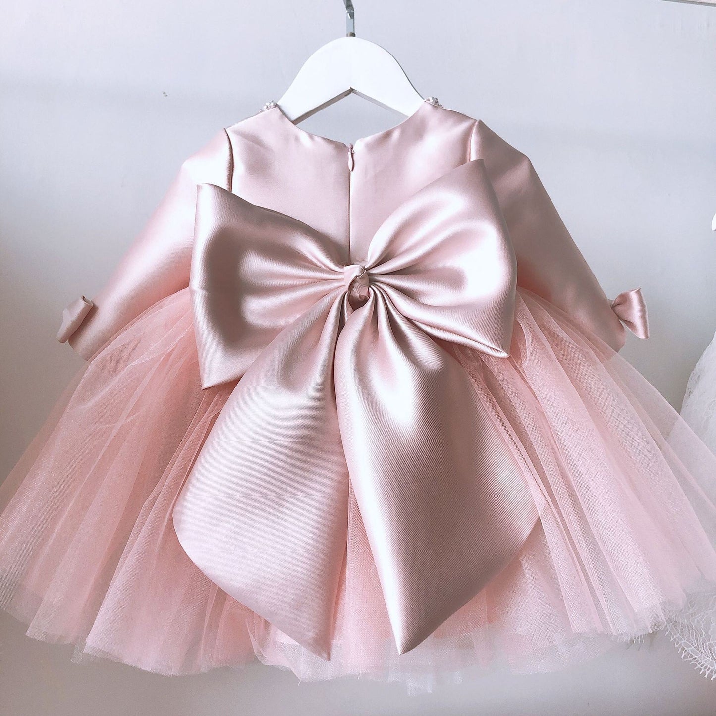 Pink Princess Flower Girl Dress: Beaded Boat Neck Long Sleeve