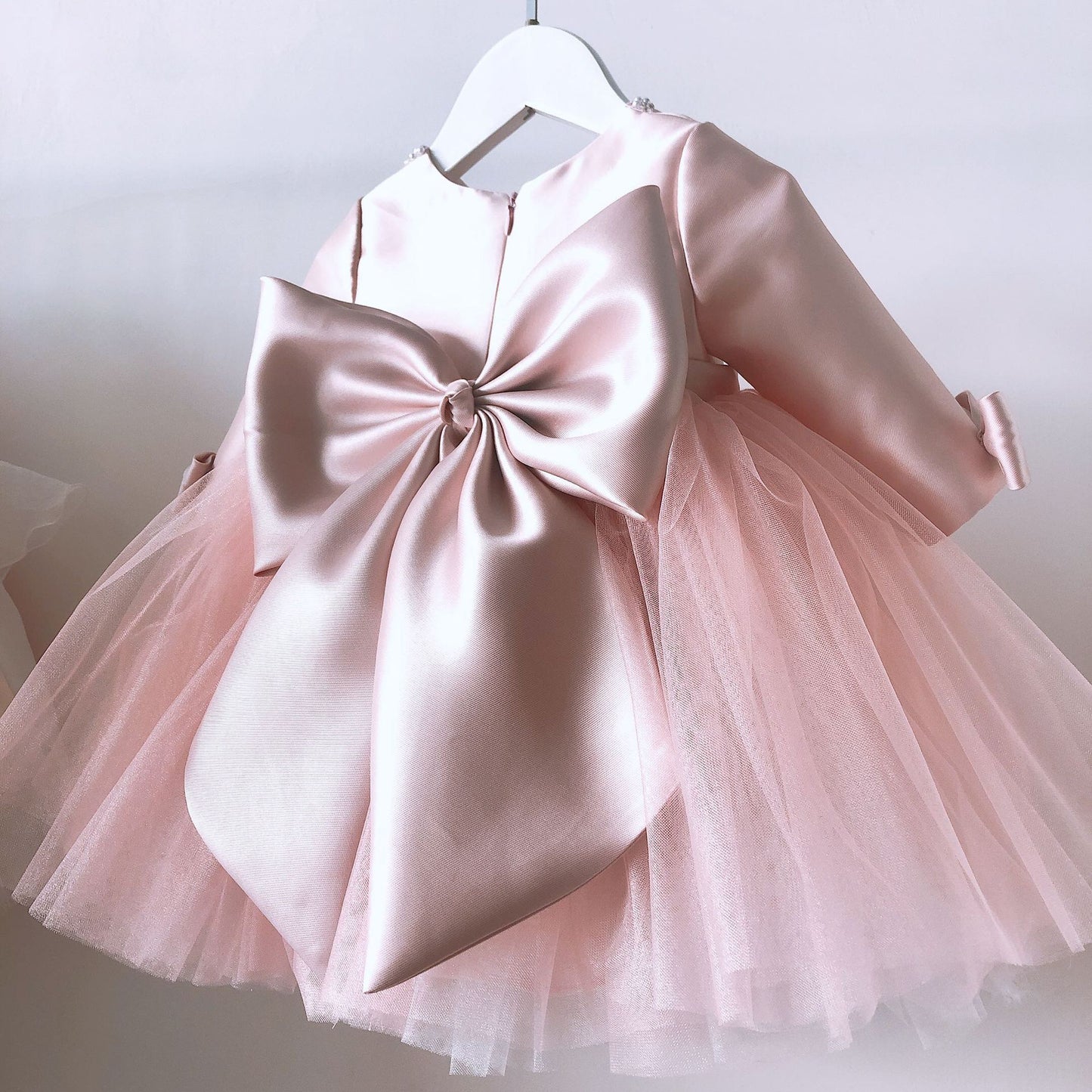 Pink Princess Flower Girl Dress: Beaded Boat Neck Long Sleeve
