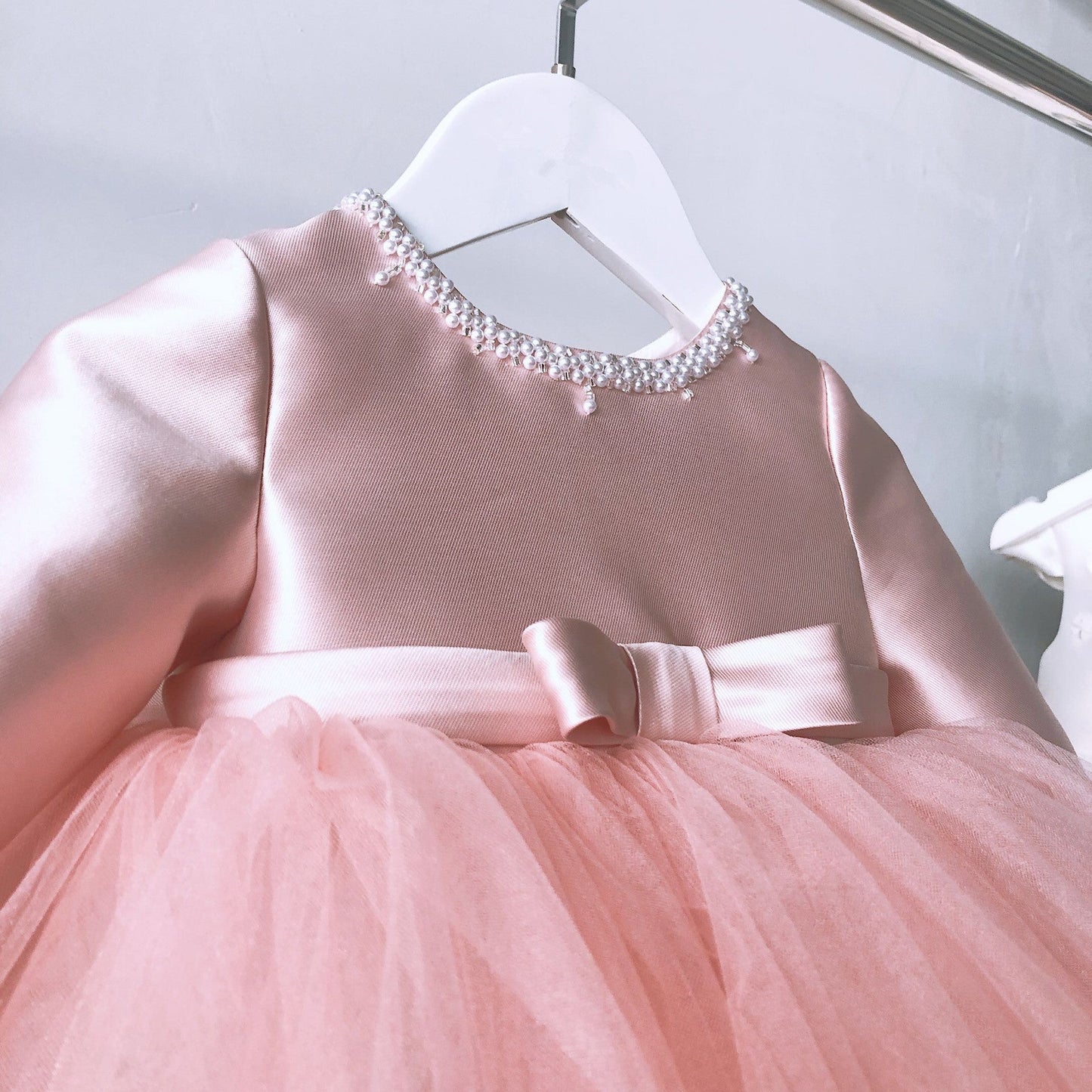 Pink Princess Flower Girl Dress: Beaded Boat Neck Long Sleeve