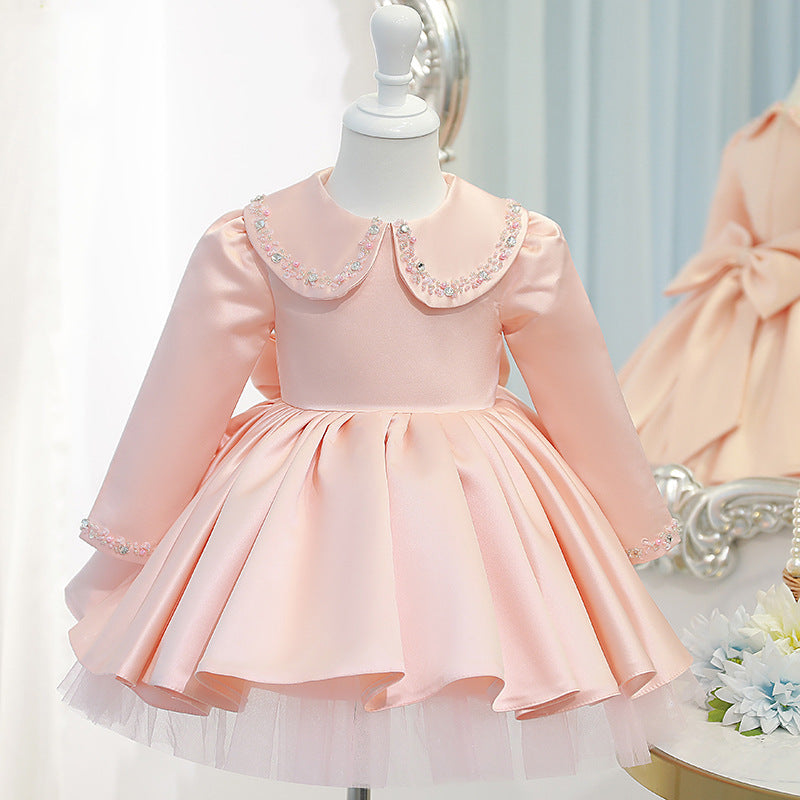 Pink Princess Flower Girl Dress: Sequins, Collared Long Sleeve